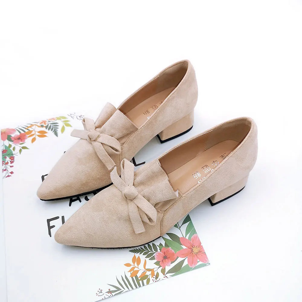 

Europe And America Fashion Flat Top Shoes Semi-high Heeled Place of Origin Supply of Goods Pointed-Toe Bow Chunky-Heel Shoes