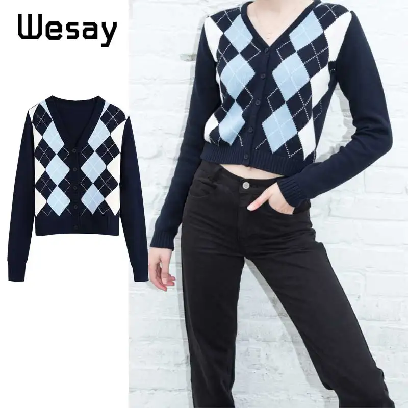

2020 Knitted Cardigan Women Sweaters Autumn tops office lady button Knitted sweater women vintage Stylish Geometric Outerwear