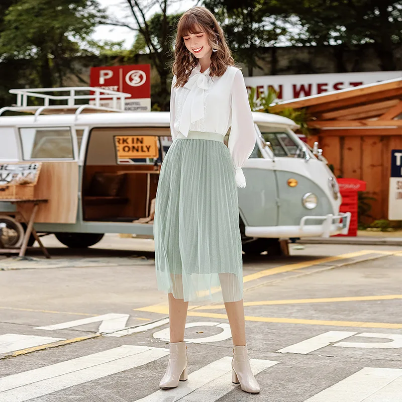 Милая сетчатая блестящая плиссированная юбка Осенняя новая Изысканная Женская эластичная женский однотонный Юбка элегантная Офисная Женская Тюлевая юбка