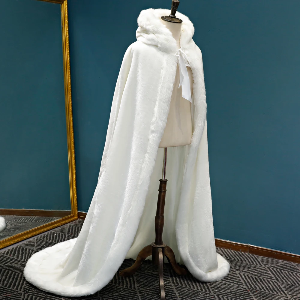 Winter Long warm Wedding capes white wedding cloak Floor Length Bride shawl Faux fur cape coat adult Bridal Wrap
