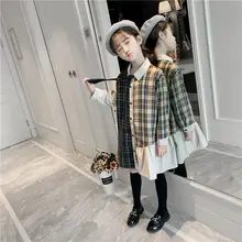 Элегантное повседневное платье-рубашка в клетку с длинными рукавами и поясом для девочек, модные подростковые блузки, платья, От 4 до 13 лет