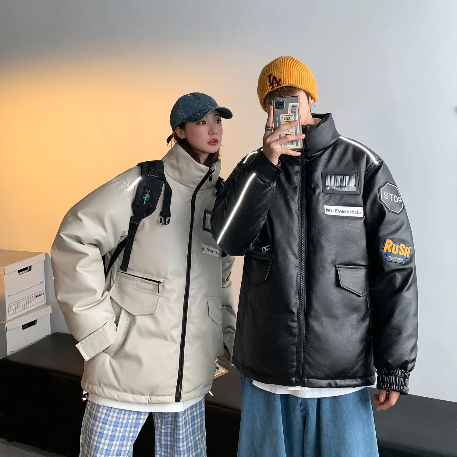 Winter new short warm lovers loose down jacket men's PU leather leisure thickened tide brand student standing collar jacket