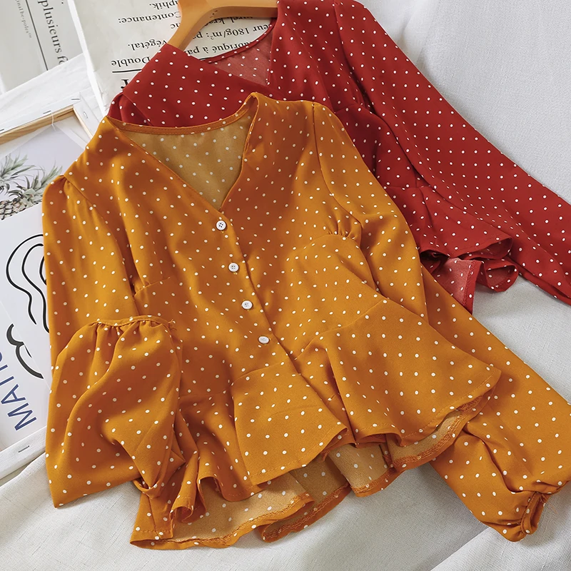 Винтажная блузка женская осень весна японский стиль шикарный дизайн длинный рукав красный желтый черный белый горошек блузка рубашка