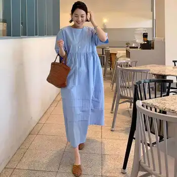 

LANMREM 2020 new spring and summer half sleeves pullover loose plus size light blue shirt dress female vestido WM13905L