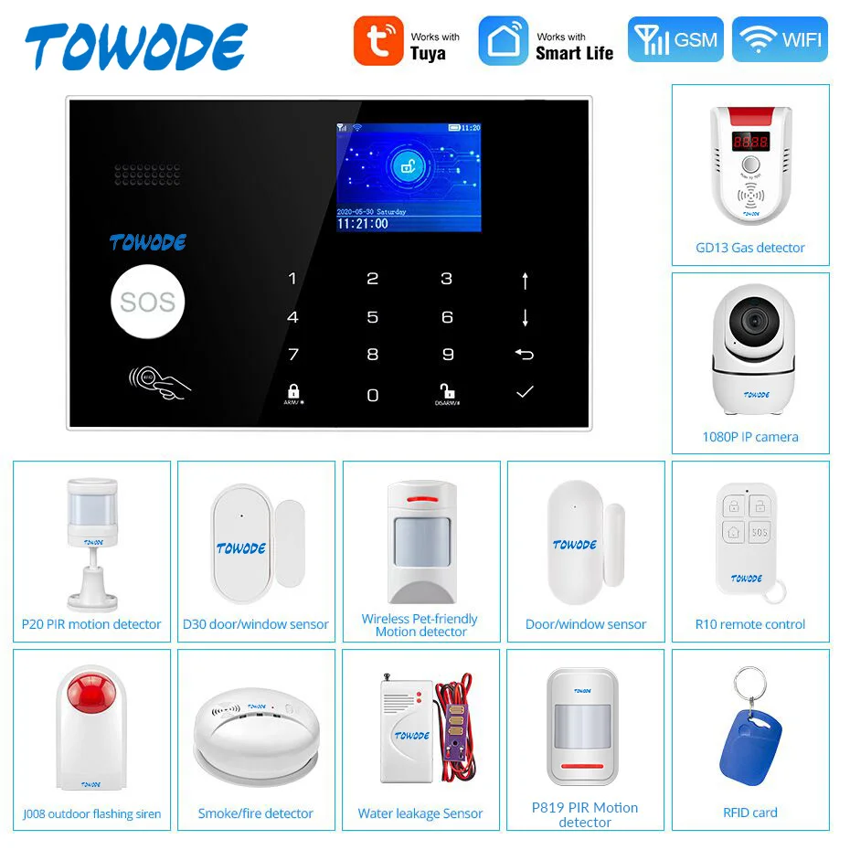 Система сигнализации TOWODE с Wi-Fi/GSM/4G комплект сделай сам для умного дома работает