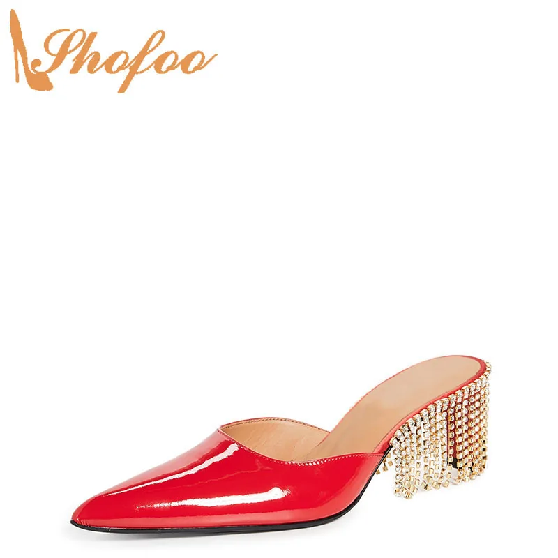 

Red Crystal Fringe High Heels Women Mules Pointed Toe Pumps Ladies Summer Fashion Party Shoes Slip On Large Size 14 15 Shofoo