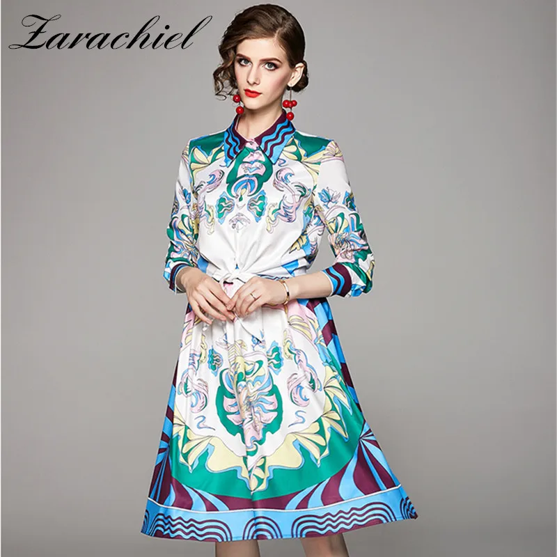 

Autumn Fashion Runway Skirt Suit Set Women Elegant Floral Printed Long Sleeve Bow Shirt Crop Top+Sweet Midi Skirt Two Piece Set