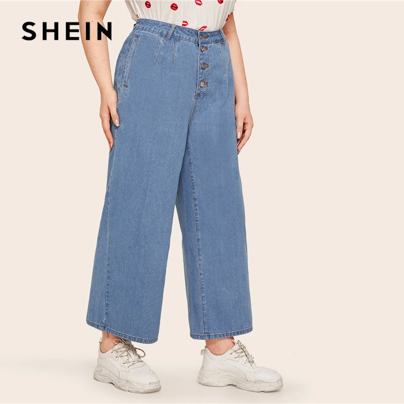 SHEIN плюс размер синие кнопки летают широкие джинсы женские осенние кнопки летают повседневные Длинные свободные плюс джинсы над размером d брюки джинсы