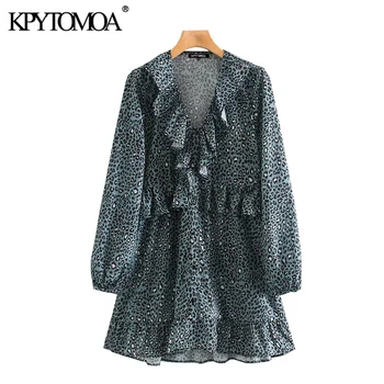 

KPYTOMOA Women 2020 Chic Fashion Leopard Print Ruffled Mini Dress Vintage Long Sleeve Animal Pattern Female Dresses Vestidos