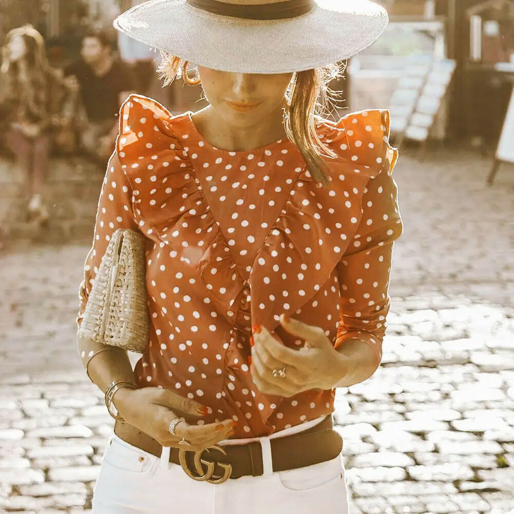

Summer Women Boho Beach Casual Tops and Blouses Elegant Short Sleeve Polka Dot Ruffles Shirt Ladies Female Blouse Ladies