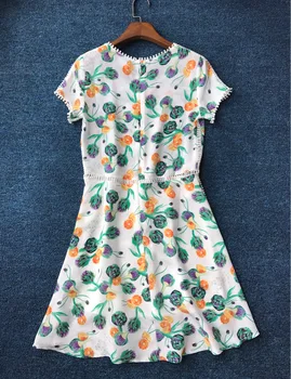 

Fruit Print Silk Splicing Openwork Lace Short Sleeve Dress