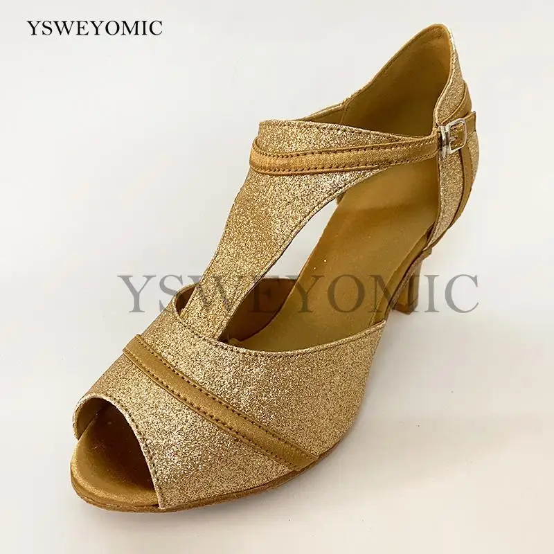 Low Heel 6cm Practise Latin Dance Shoes Customized made Gold Color Glitter Ballroom Dance Shoes Suede Outsole Use Indoor Outdoor