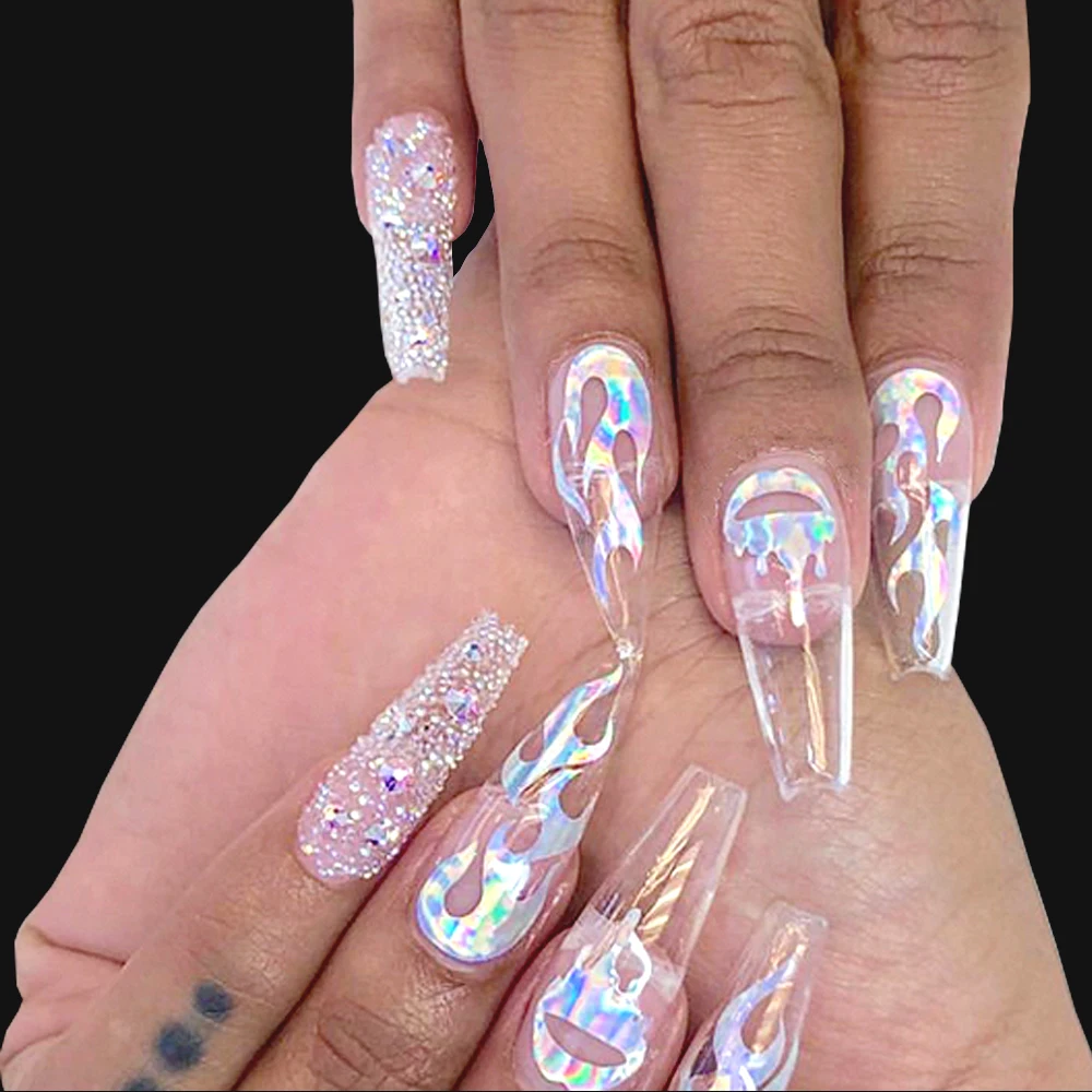 10 шт., стикеры 3D на ногти Nail Art с пламенем, голографические лазерные наклейки, огненный лист, Геометрические линии, слайдеры, фольги для ногтей, клейкие обертывания SA1525