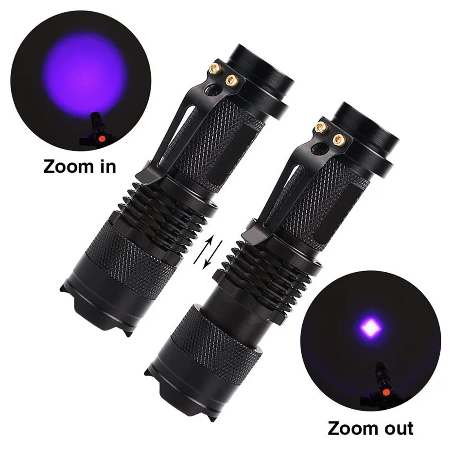 УФ светодиодный фонарь фиолетовый Ультрафиолетовый 365nm свет зум Скорпион деньги питомца мочи лампа обнаружения AA 14500 батарея автомобильное зарядное устройство D4