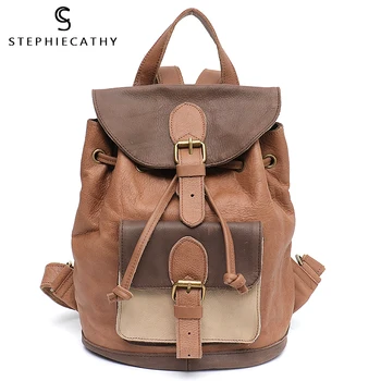 

SC Designer Real Leather Backpack Women Retro Casual Shoulder Bag Genuine Leather Patchwork Girl Flap Drawstring Travel Knapsack