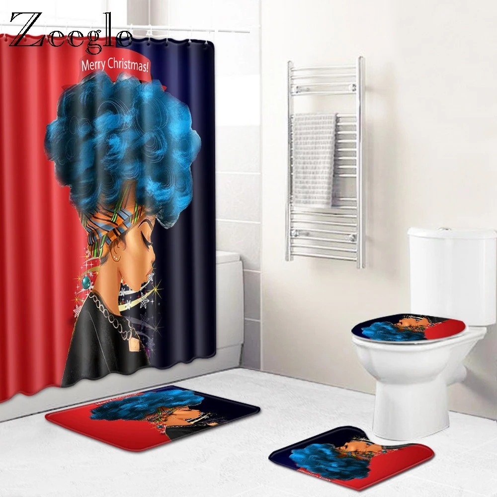 Zeegle Shower Curtain and Bath Mat Set Christmas Bathroom Mat Anti-slip Rug Toilet Decoration Bath Mat Toilet Polyester Cover