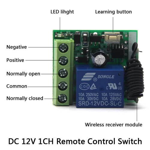 수신기 모듈이 있는 무선 RF 원격 제어 스위치 송신기, 릴레이 1 채널, 433Mhz, DC12V 수신기 컨트롤러, 10A 3