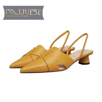 

MLJUESE 2020 women sandals cow leather Rome style yellow color pointed toe high heels beaches sandals party wedding size 40