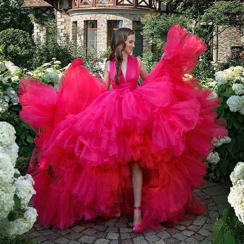Sweet 16 Quinceanera Dresses 2020 High Low Puffy Tulle Ball Gown Formal Party Dress with Cascading Ruffles Criss Cross Back photo