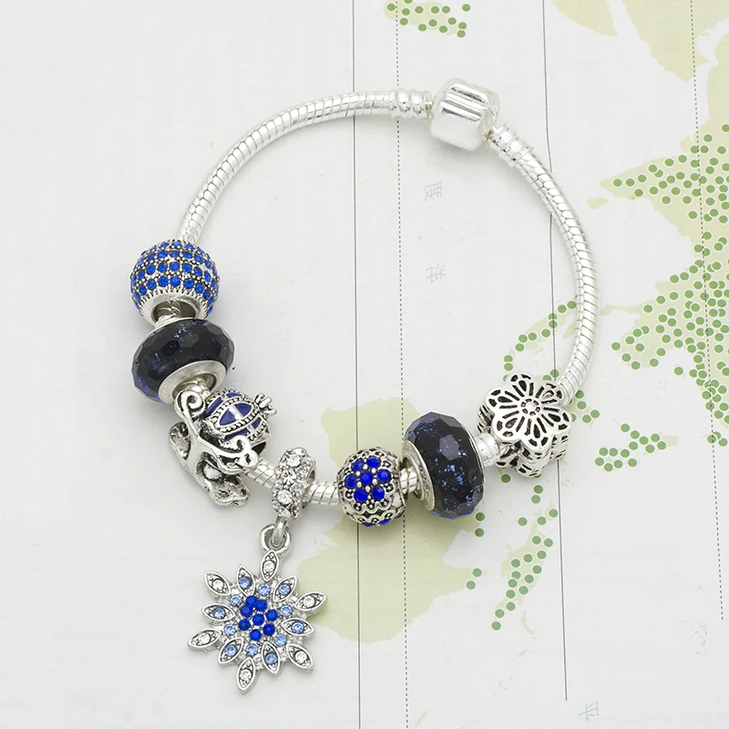RANDORS высокое качество Очаровательные женские браслеты синий цветок pandent женские Серебристые браслеты и браслеты подарки для девушки
