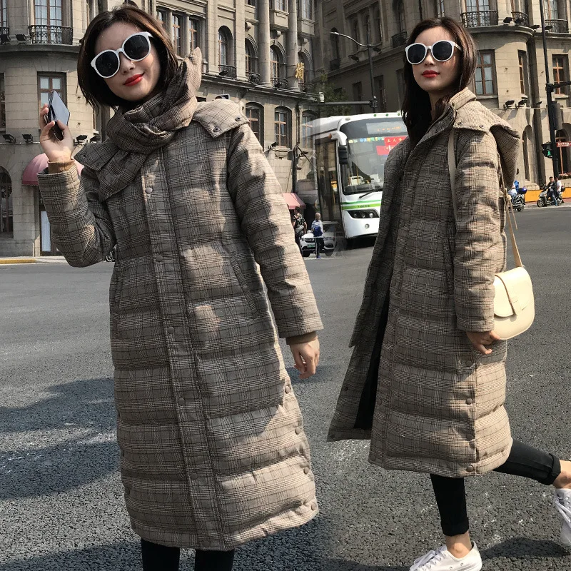 Photo Shoot Winter New Style Mid-length Slim Fit Fashion College Style Plaid Cotton Coat Students Thick Hooded Cotton-padde