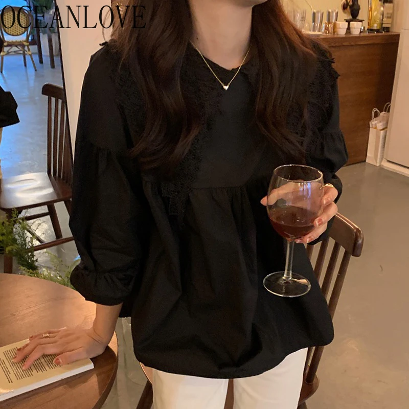 OCEANLOVE Shirts Women Korean Chic Blusas De Mujer Sweet Hollow Out Peter Pan Collar Blouses Loose Temperament Tops Femme | Женская