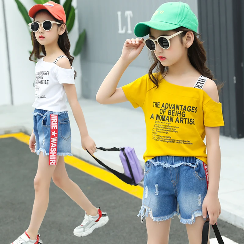 Дизайнерская корейская детская футболка и короткие джинсы, летний модный комплект одежды для девочек, комплекты одежды для девочек, хлопковая уличная одежда