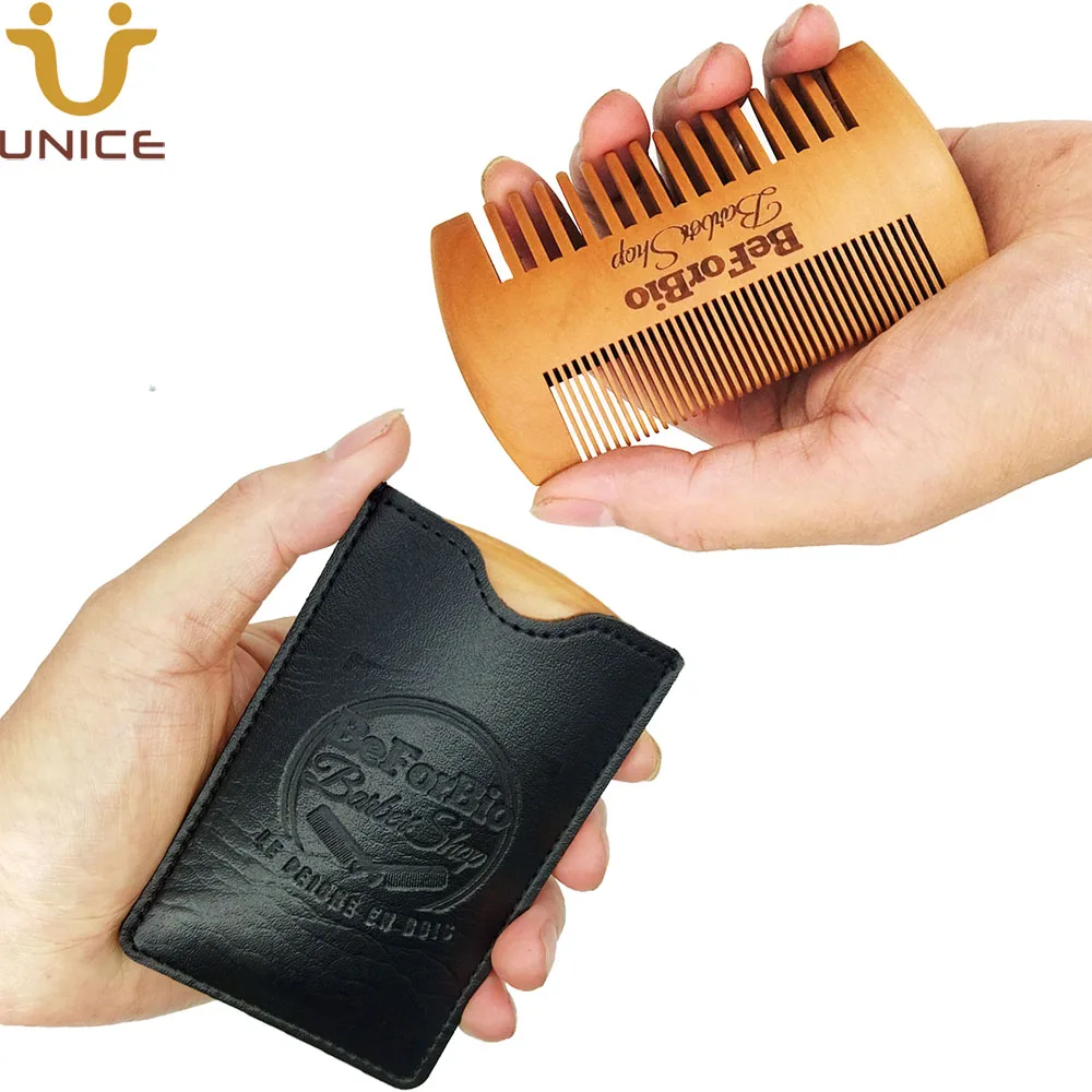 MOQ 100 PCS Fine & Coarse Teeth Double Sides Wood Combs With PU Case Custom LOGO Dual Action for Men Head Hair Mustache Beard