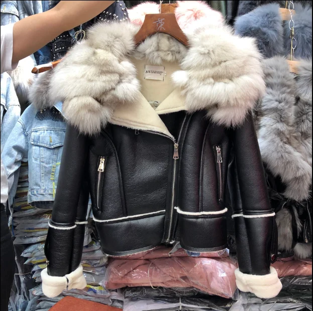 

Big Fox Fur Collar Thickened Warm PU Leather Jacket Woman Winter Coat Lady Locomotive Jacket Streetwear Warm Coats Femme 2019