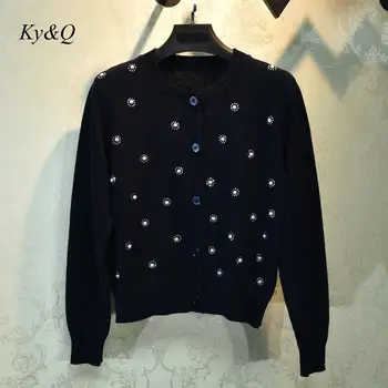 

High Quality Women Luxury 2020 Spring Tide Blue Hot Rhinestone Beaded Single Breasted Cardigan Jacket Women Knit Sweater Clothes