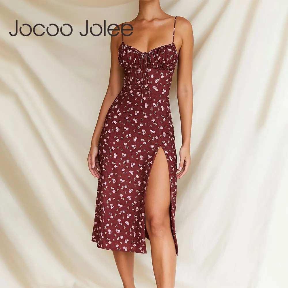 

Jocoo Jolee Women Summer Bohemian Print Long Dress Sexy Strap V Neck Split Midi Dress Slim High Waist Club Evening Party Dress