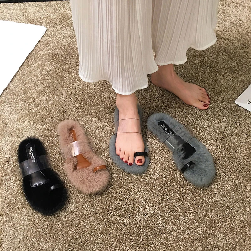 Clip toe flip flops transparent fur soft slides woman flats furry shoes  korean comfy home slippers femme celebrities short plush|Slippers| -  AliExpress