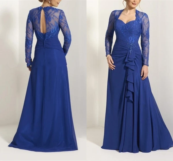 

2020 Sweetheat Long Sleeves Applique Royal Blue Chiffon Mother of the Bride Dress Ruffles Front Keyhole Back A-line Maid Dresses