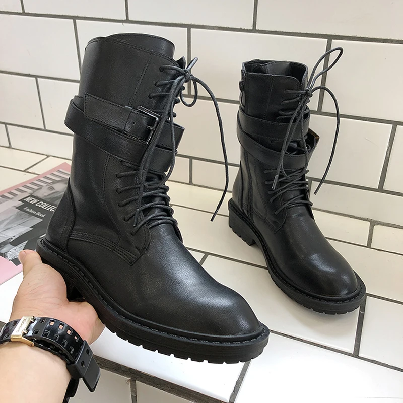 

Boussac Buckle Strap Black Punk Combat Boots Women Solid Lace up Flat Martin Boots Women Round Toe Ankle Women's Boots SWE0722