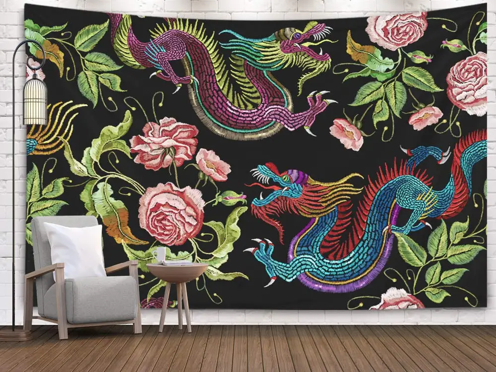 

Printing Wall Hanging Tapestries for Living Room and Bedroom Chinese Dragons Flowers Peonies Pattern