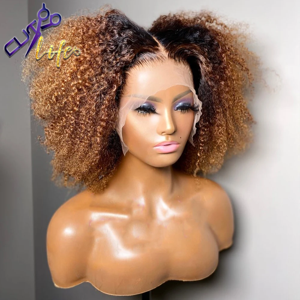 Short Pixie Bob 13X4 Lace Frontal Wig Cut Wig Kinky Curly Ombre Brown Brazilian Human Hair For Black Women 4X4 Closure