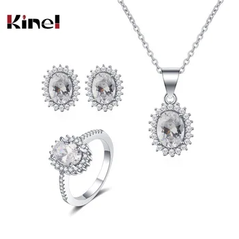 

Kinel Fashion Bridal Wedding Jewelry Sets Silver 925 High Quality Zirconia Necklace +Rings +Earrings For Women