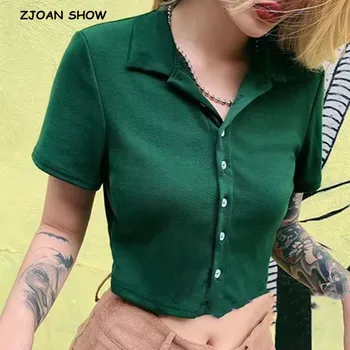 

90'S Vintage Lapel Short Sleeve Tee Base T-shirts Cool Girl Single-breasted Button Short T-shirt crop top black white green 2020