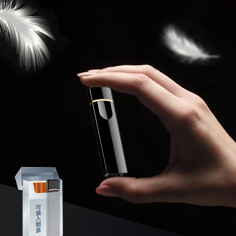 Ультра тонкая металлическая Электронная зажигалка для сигарет USB ветрозащитная