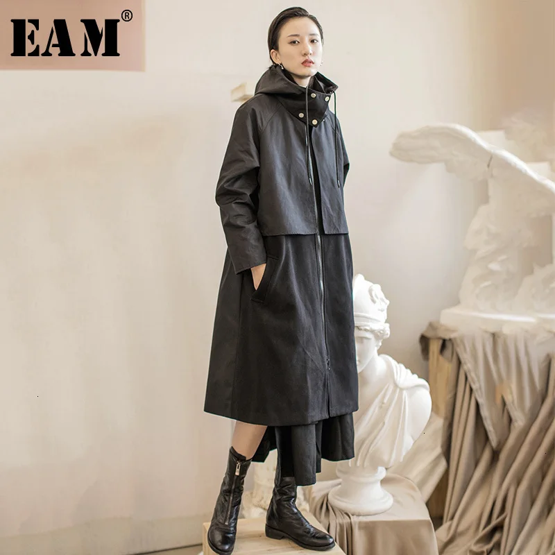 [EAM] женский черный Тренч с разрезом, большой размер, новинка, с капюшоном, с длинным рукавом, свободный крой, ветровка, модная, Осень-зима, 1H295