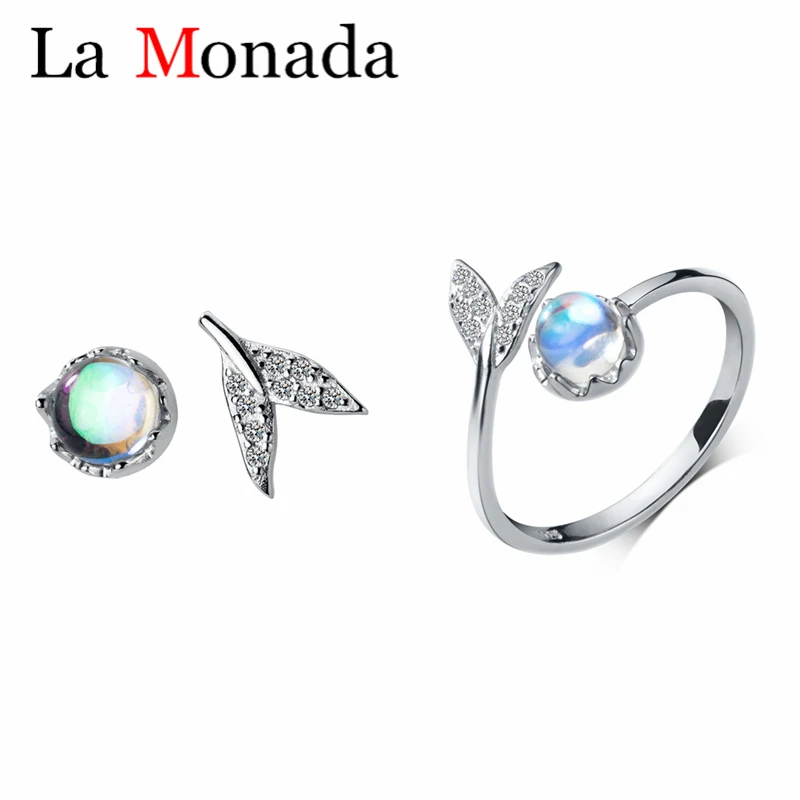 

New Design Creative Mermaid Foam Gem Personality Crystal Ball Fish Tail Ring Earrings Jewelry Set 925 Sterling Silver