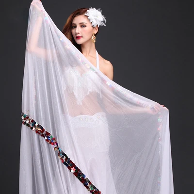 Женский костюм для танца живота с блестками, шаль, вуаль для танца живота, вуаль для выступлений 214*150 см - Цвет: Белый