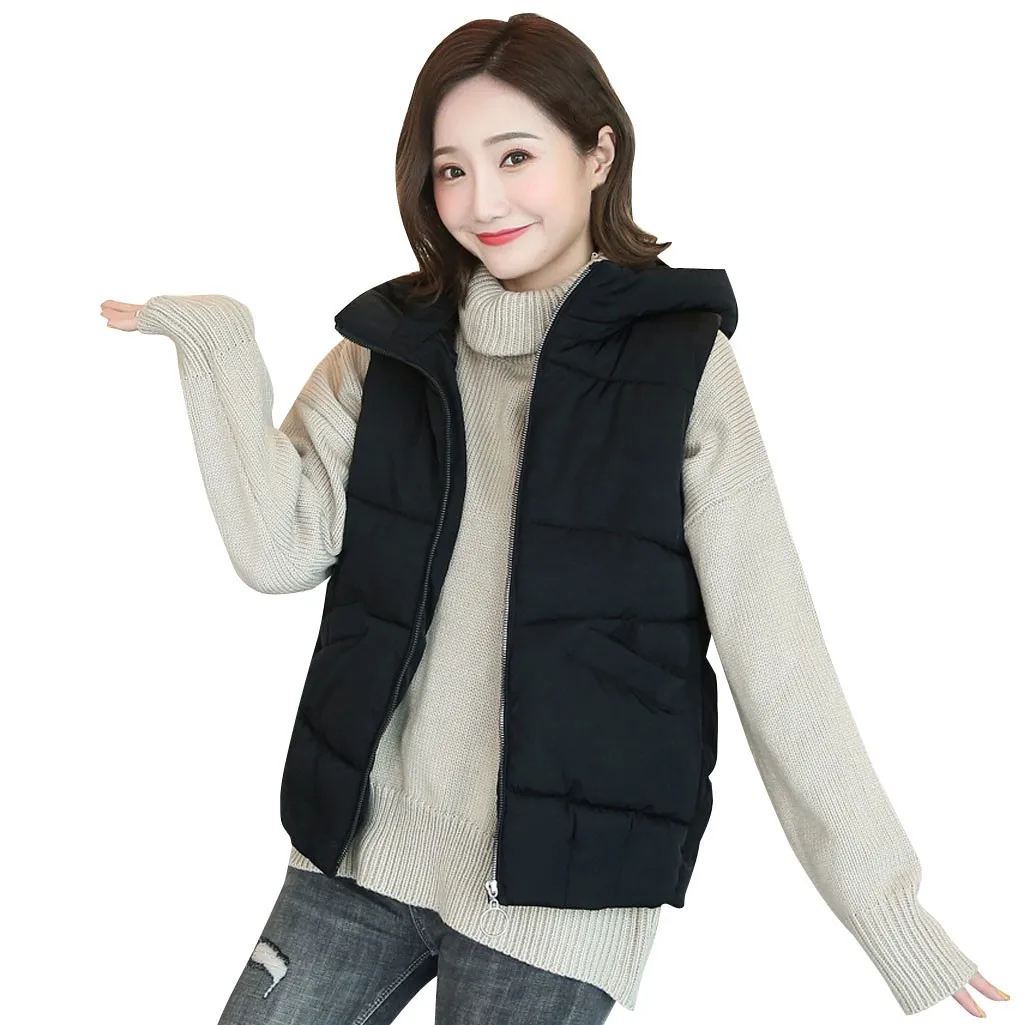 Зимняя женская хлопковая куртка без рукавов, однотонный хлопковый пуховый жилет, повседневный женский тонкий жилет с капюшоном, пальто, короткий жилет, верхняя одежда - Цвет: Черный