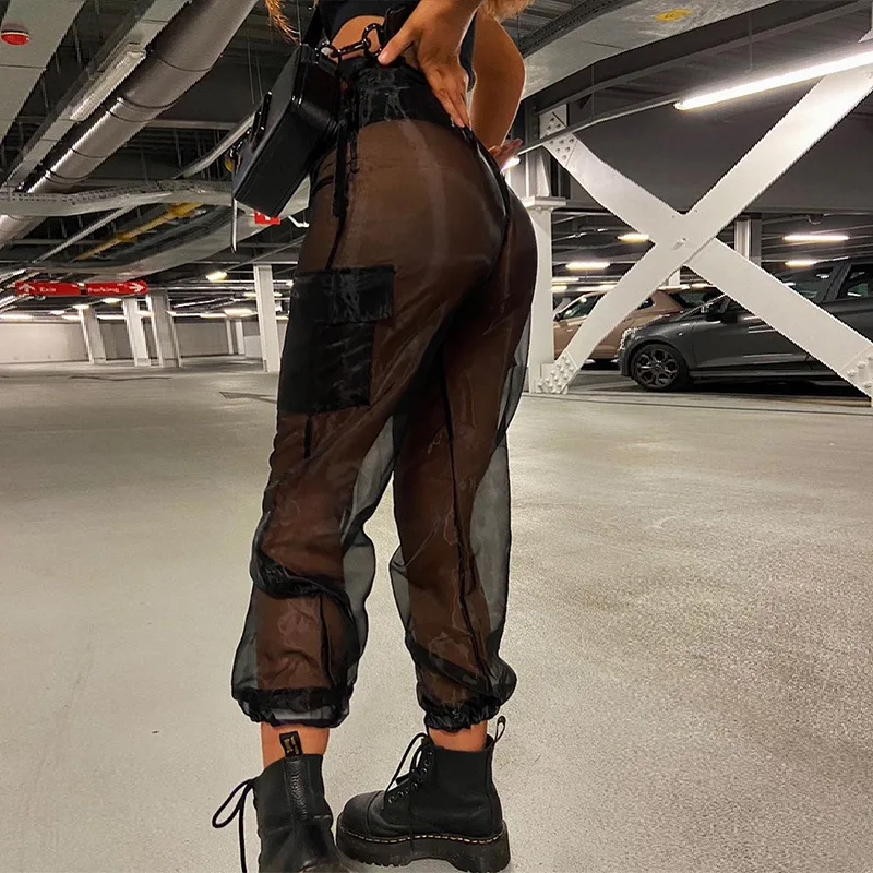 

Women Perspective Black Pants 2023 Harem Pants Fashion Punk Pockets Jogger Trousers Harajuku Elastics High Waist Streetwear