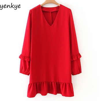 

Fashion Women Solid Color Ruffle Dress Long Sleeve V Neck Casual Autumn Dress Short robe femme XZWM19186