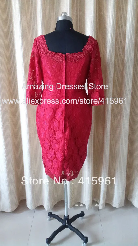 Real Burgundy Bateau Neck Lace Sheath Mother of the Bride Dresses With Long Sleeves E009