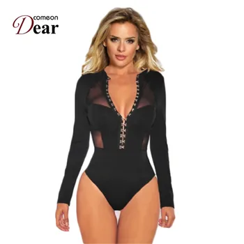 

Comeondear Long Sleeve Bodysuit With Button Sexy Jumpsuit Women Playsuit XL Big Size Streetwear Bodycon See Through Body RB80753