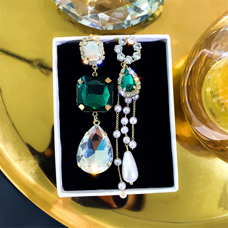 

FYUAN Long tassel Green Crystal Asymmetry Earrings Korean Transparent Water Drop Earrings for Women Wedding Jewelry Gifts