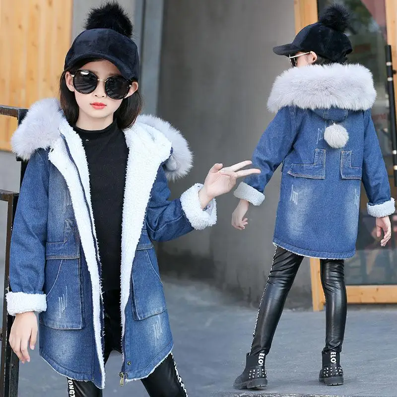 kids Parkas jacket winter Girls coats clothing Zipper Hooded Denim long style Thicken fur collar children outerwear clothes h73 - Цвет: Синий
