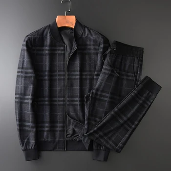 

(jackets+pants) Mens Set Luxury Thick Yarn Dyed Plaid Stand Collar Men Coats Plus Size 4xl Elastic Waist Male Pants